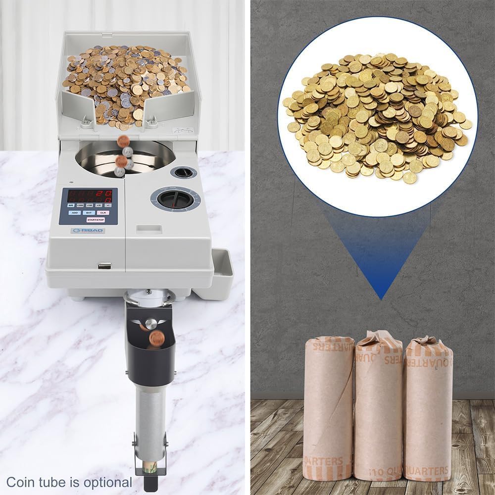 Ribao CS-10S High Speed Portable Coin Counter and Sorter, 1800 Coins per Minute Counting Speed, 2000 Coins Hopper Capacity, Suitable for International Coins and Tokens, Two-Year Warranty