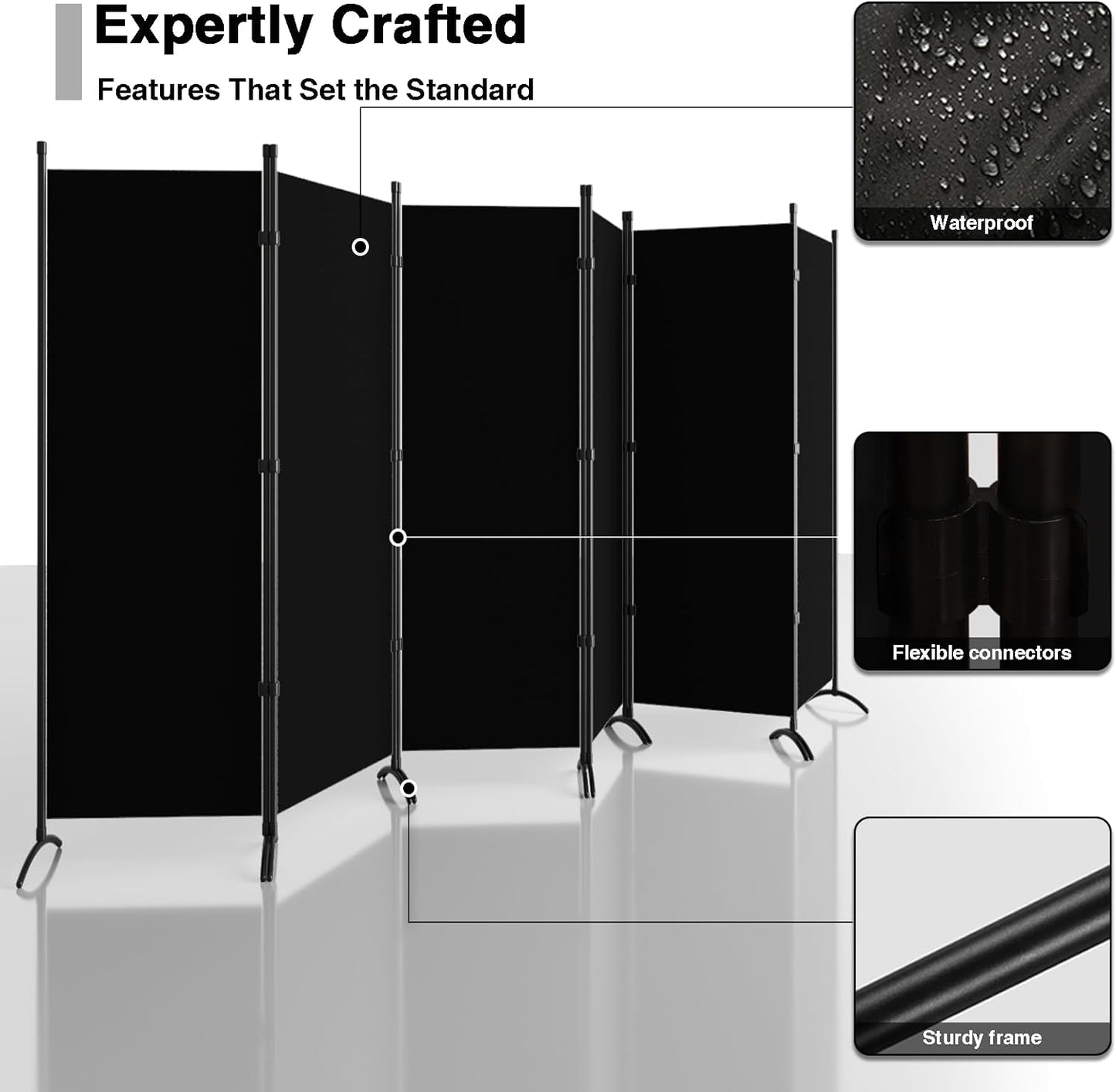 6 Panel Room Divider, 6FT Portable Room Dividers Folding Privacy Screens, 198" W Freestanding Fabric Divider for Room Separation, Partition Room Divider Panel for Dorm Home Studio Office, Black