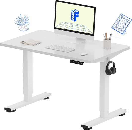 FLEXISPOT EN1 One-Piece Adjustable Height Desk 40 x 24 Inches Whole Piece Desktop Small Standing Desk for Small Space Electric Sit Stand Home Office Table (White Frame + White Desktop)