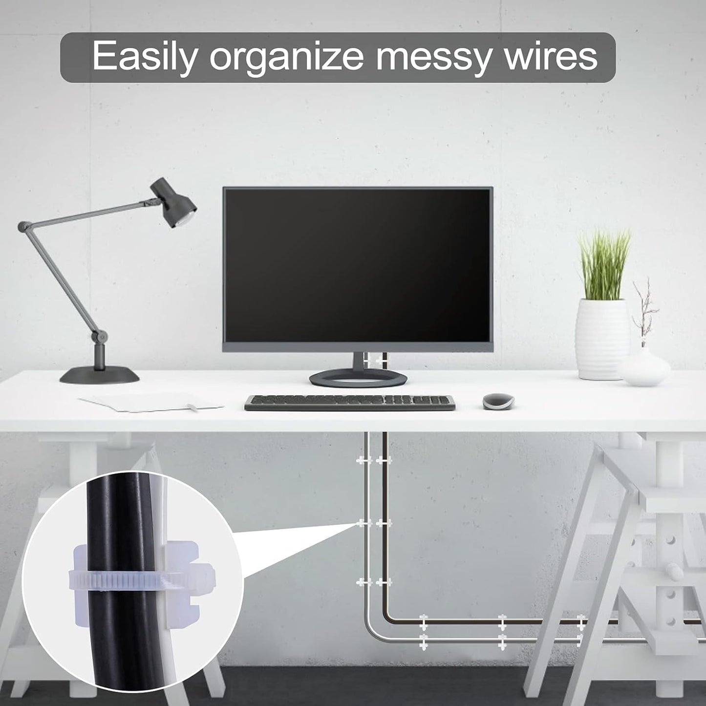 100 Pcs Cable Zip Tie Saddle Type Mounts Base with 8" Cable Ties Tapping Screw, Wire Cable Clips Organizer Holders Clamps White