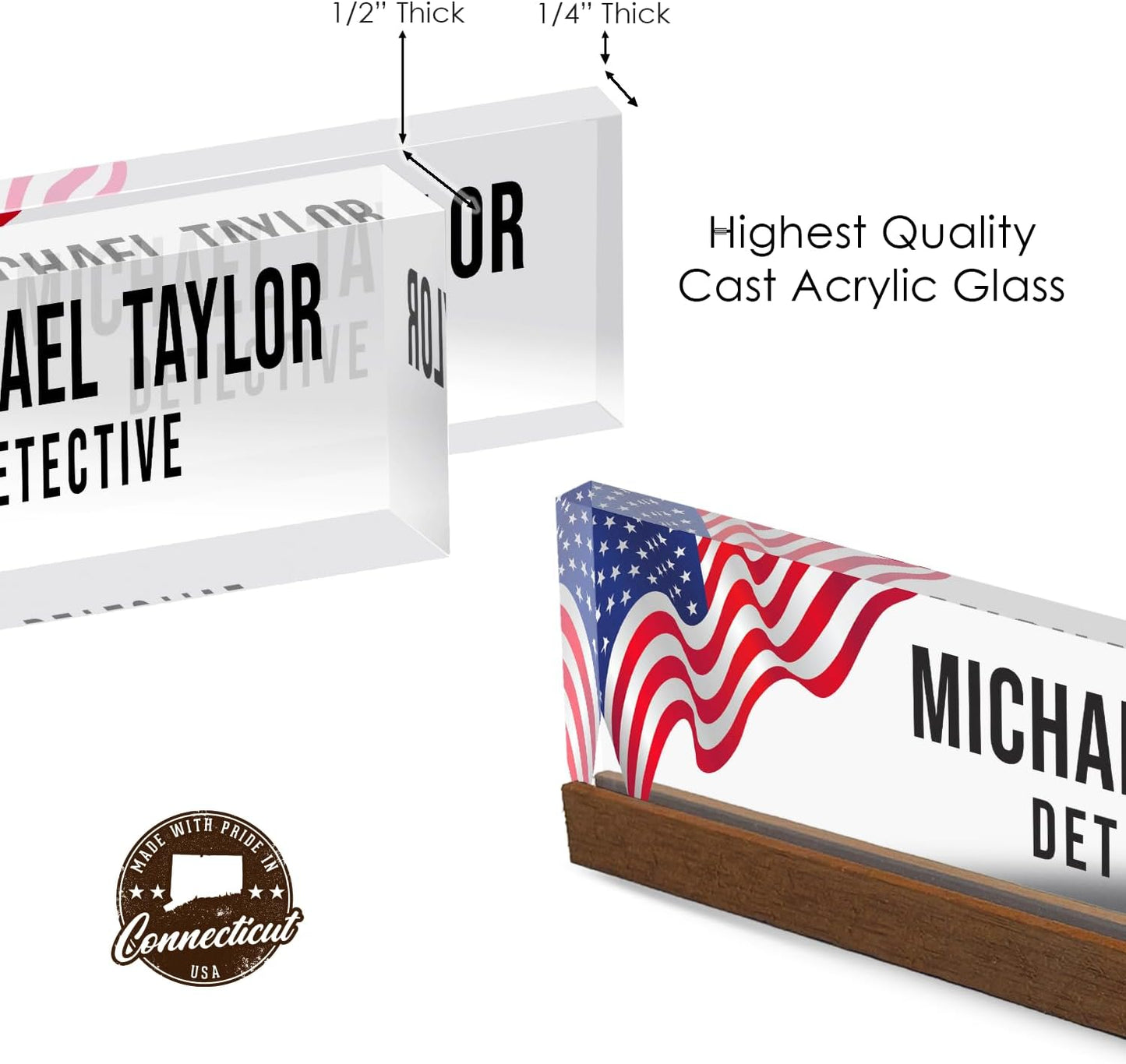 Artblox Personalized Office Desk Name Plate With Business Card Holder | Clear Acrylic Glass with Teak Wood Stand | Us Flag Design Customized with Your Name and Credentials Office Desk Décor