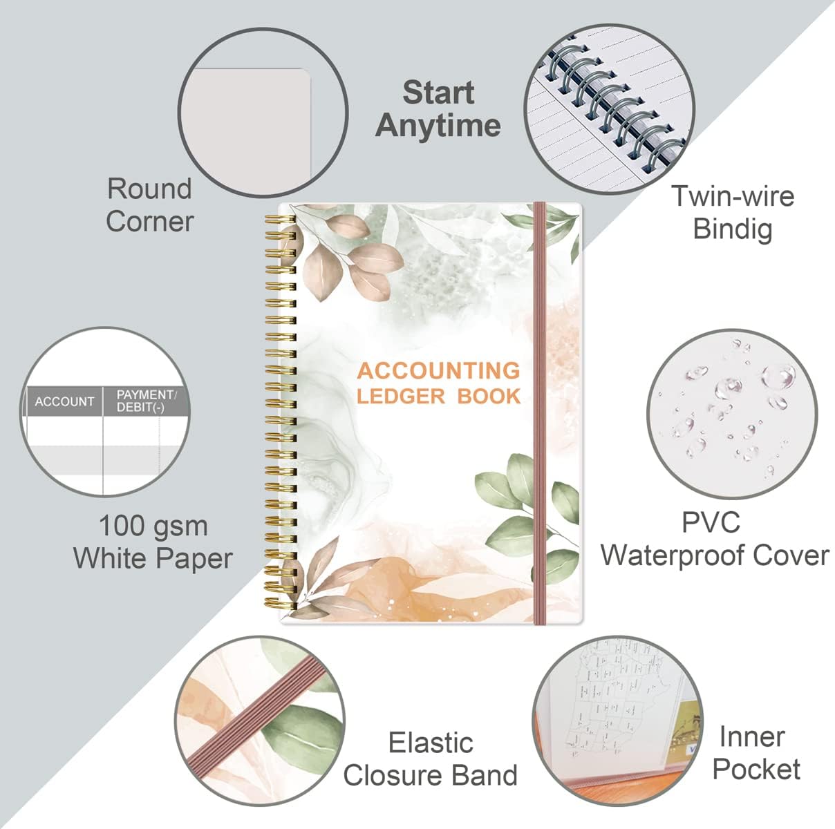 Accounting Ledger Book - A5 Ledger Book for Bookkeeping, Small Businesses & Personal Use, Expense Tracker Notebook for Tracking Money, Expenses, Deposits & Balance, 5.8" x 8.4", Rose Leaf