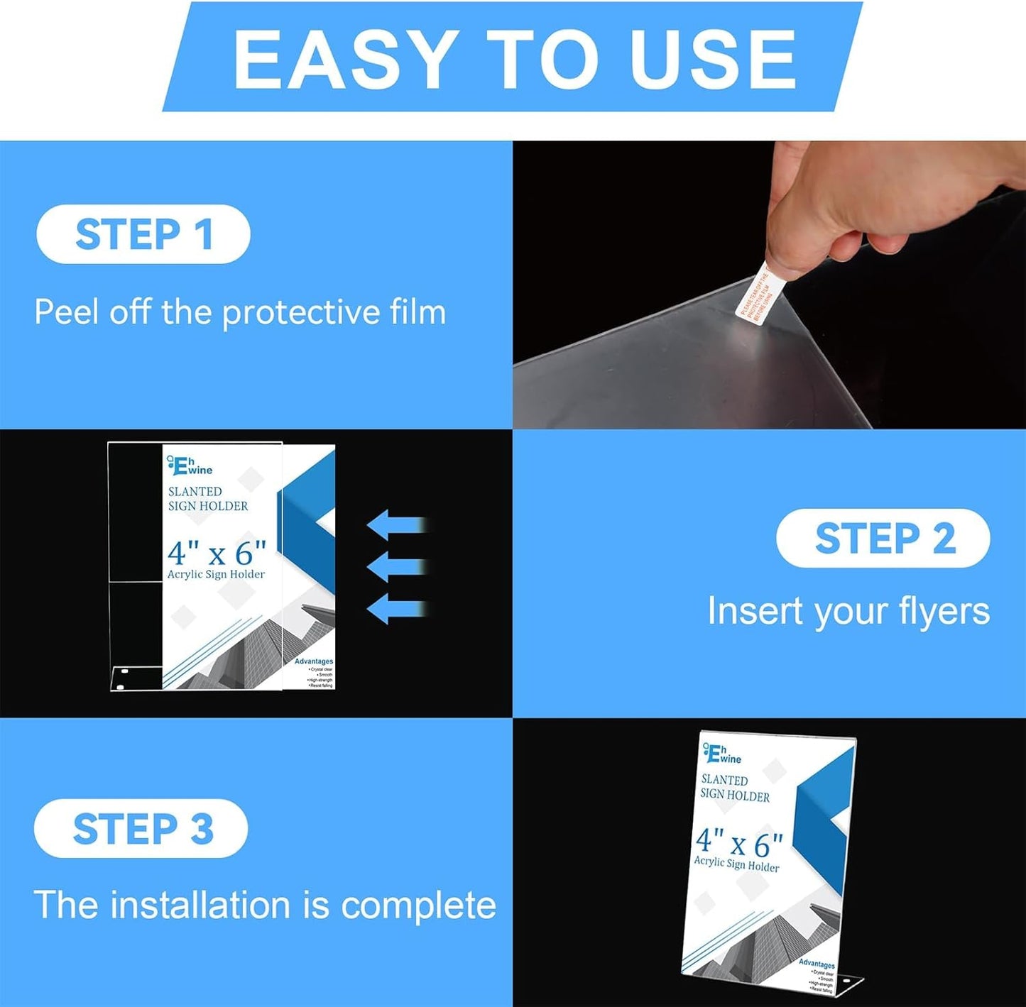EHWINE 12 Pack 4 x 6 Acrylic Sign Holder, Clear Plastic Signs Display Stand, Vertical Slanted Back Paper Holder Stand up Table Top Sign Holders Flyer Stand Frames Suitable for Office Business Store