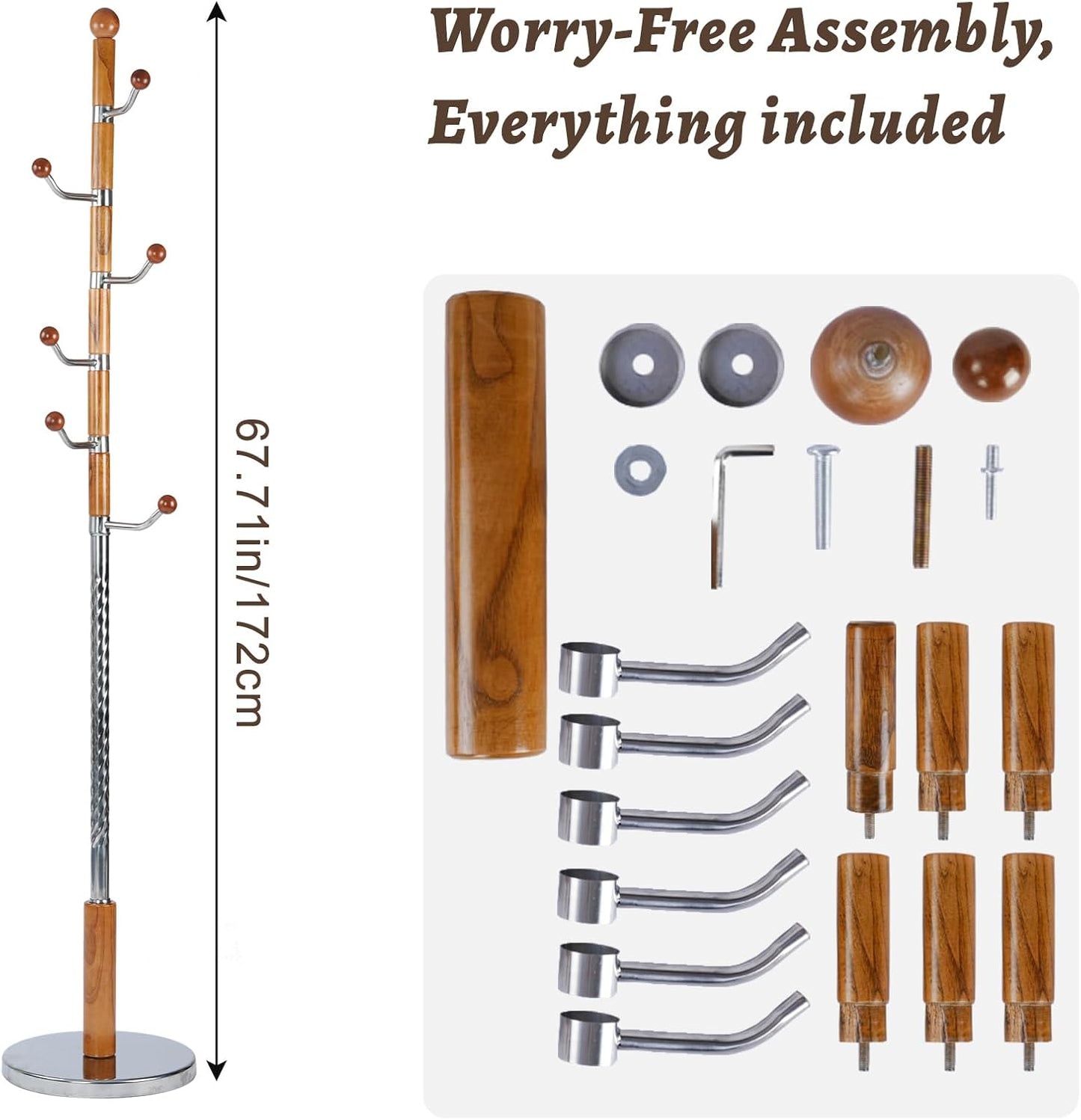 Wooden Coat Rack Freestanding with Resin Hooks, Adjustable Heavy Duty Stand for Hanging Coats, Bags, Hats, and Umbrellas in Living Room, Bedroom, Entryway (Walnut color-metal)