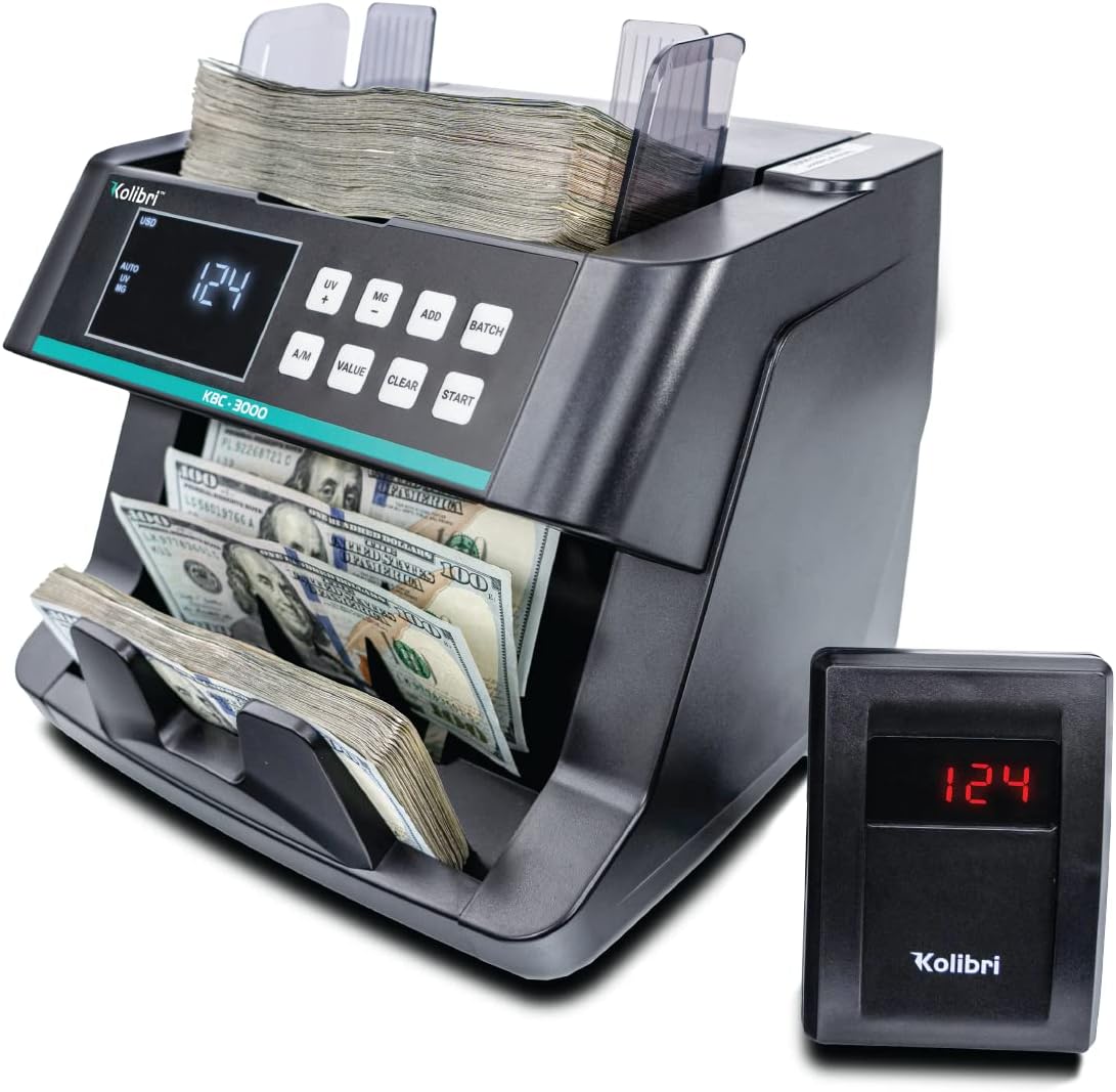 KOLIBRI Money Counter Machine, KBC-3000 with UV/IR Counterfeit Detection – Top Loading Bill Counting Machine w/ValuCount, Add and Batch Modes – Fast Speed 1,200 Notes/Min