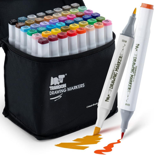 TRANSON Alcohol Markers for Drawing Coloring 48 Colors Dual-tip Chisel and Brush Tips