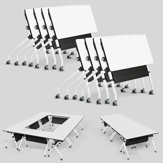 Conference Table, Folding Conference Room Tables, Mobile Training Tables with Silent Wheels, Large Rectangular Modular Seminar Table Office Computer Desks for Classroom White (8Pack L63in)