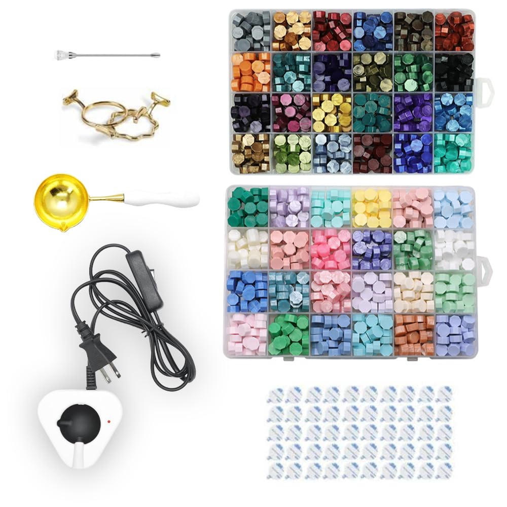 Electric Wax Seal Warmer with 1300Pcs Sealing Wax Beads, 50 Pcs Wax Seal Stickers and 2 Metal Wax Seal Molds, Fast Melting Wax Seal Warmer, Wax Seal Stirring