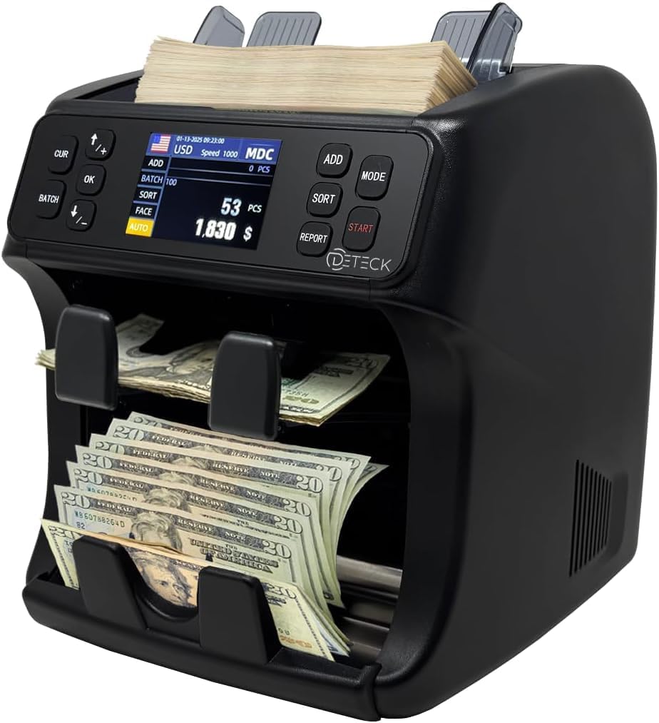 DETECK DT800 Bank Grade Mixed Denomination Money Counter with Reject Pocket, Multi Currency, Bill Counter 2CIS/UV/IR/MG/MT Counterfeit Detection, Cash Counter Serial Number, Printer Enabled