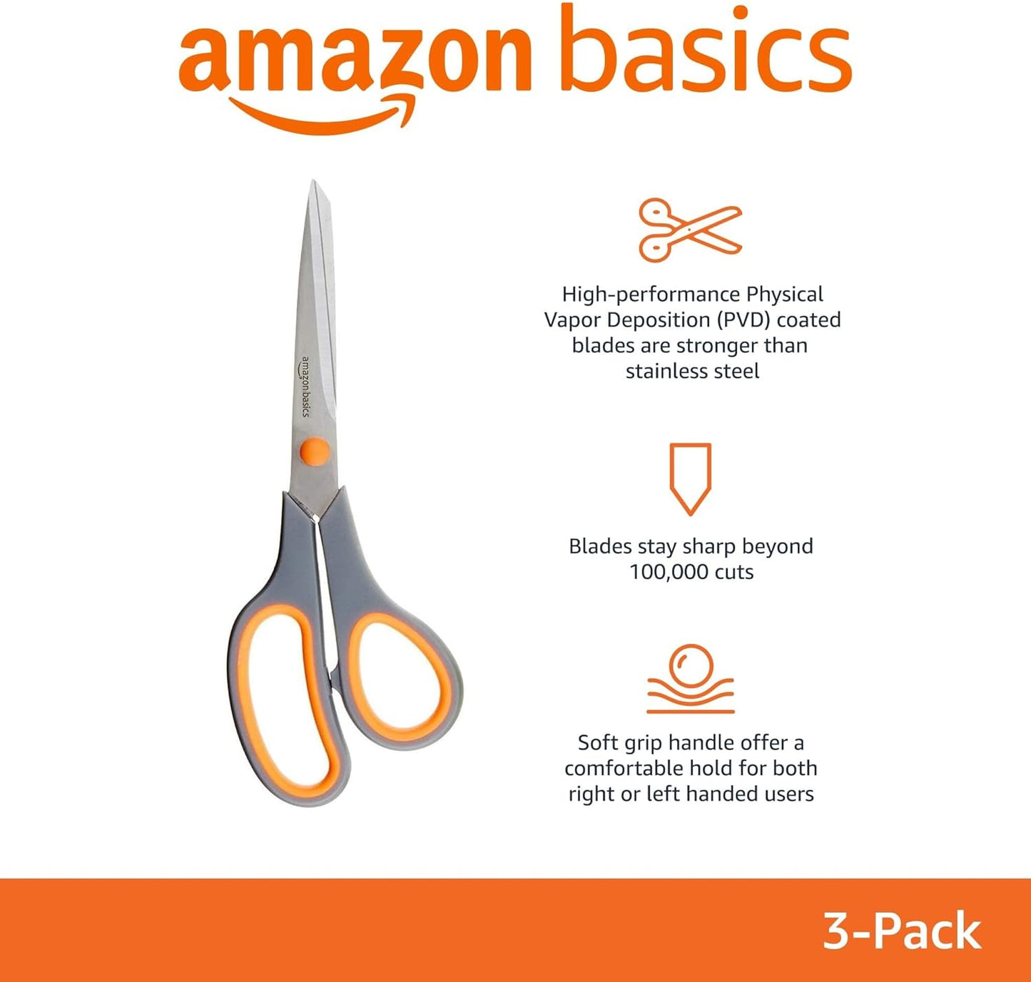 Amazon Basics Stainless Steel Scissors for Office, Crafts, Multipurpose, Sharp, Comfort Grip, PVD Coated, 3 Pack, Multicolor