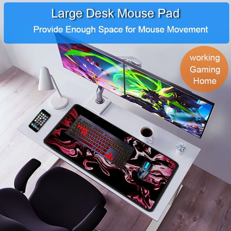 Gaming Mouse Pad, 31.5x15.7 inch Large Extended Computer Keyboard Mouse Mat, Water Resist Non-Slip Mousepad Rubber Base Long XXL Desk Mouse Pad for Gaming, Office & Home, Marble Red