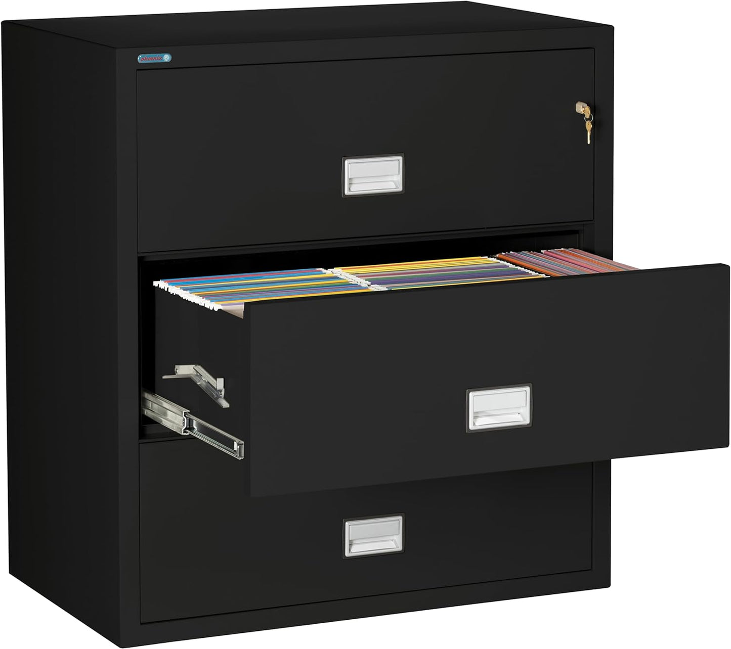 38 inch Wide 3-Drawer Lateral Fireproof File Cabinet – Legal and Letter Size Filing – Key Lock – Water Resistant – Fire Safe and Impact Rated – Black Finish – Model LAT3W38B