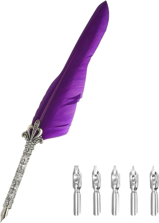 PATIKIL 26.5cm/10.4" Calligraphy Feather Quill Pen, Vintage Feather Dip Pen with 5 Replacement Nibs for Calligraphy Writing Wedding Office Gifts, Purple