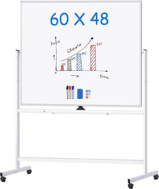 maxtek Rolling Whiteboard 60x48, Large Double-Sided White Board Dry Erase on Wheels, Giant Magnetic White Board Standing for Office, School, Home Office, Homeschool (Sliver)