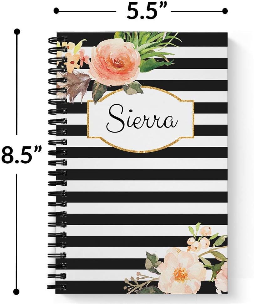 Classic Floral Personalized Notebook/Journal, Laminated Soft Cover, 120 pages of your selected paper, lay flat wire-o spiral. Size: 5.5” x 8.5”. Made in the USA