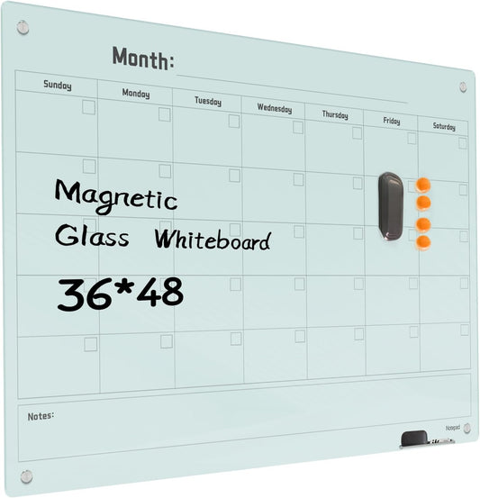 Magnetic Glass Dry Erase Board Calendar- White Board 48 x 36 Inch Wall Mounted Monthly Whiteboard, Large Frameless Glass White Board for Wall Office, Home & School