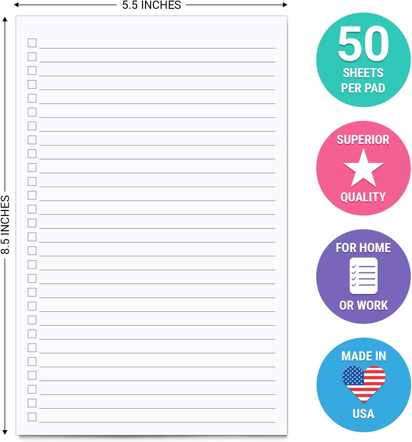 321Done Checklist Notepad Planning Pad - 50 Sheets (5.5x 8.5) To Do Tear Off, Checkbox List - Made in USA - Blank Plain White