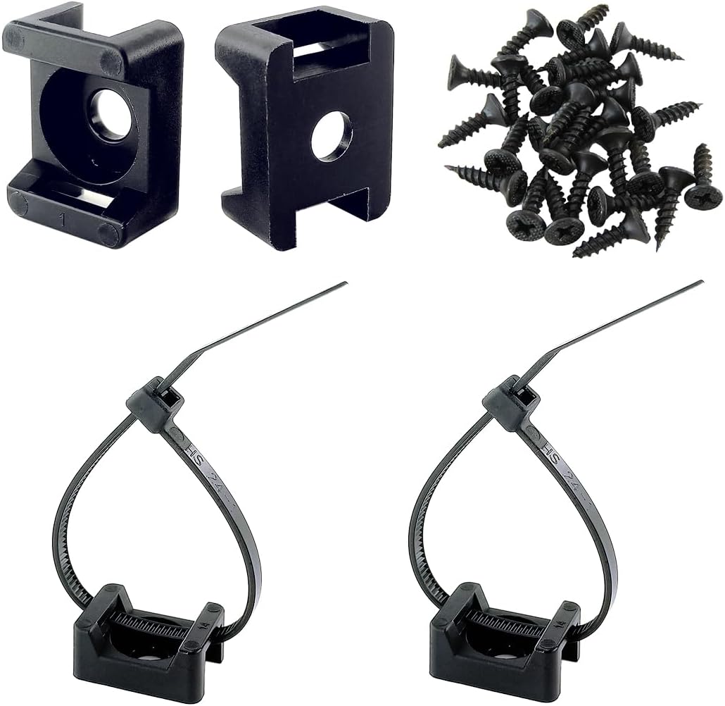 HS Saddle Type Cable Zip Tie Mounts Base Kit with Screw Hole,Set Strong 6 Inch Nylon Cable Ties and Screws Each 100 PCS,Wire Clips Anchor Management Fastener for Baseborad,Wall or Desk,Black