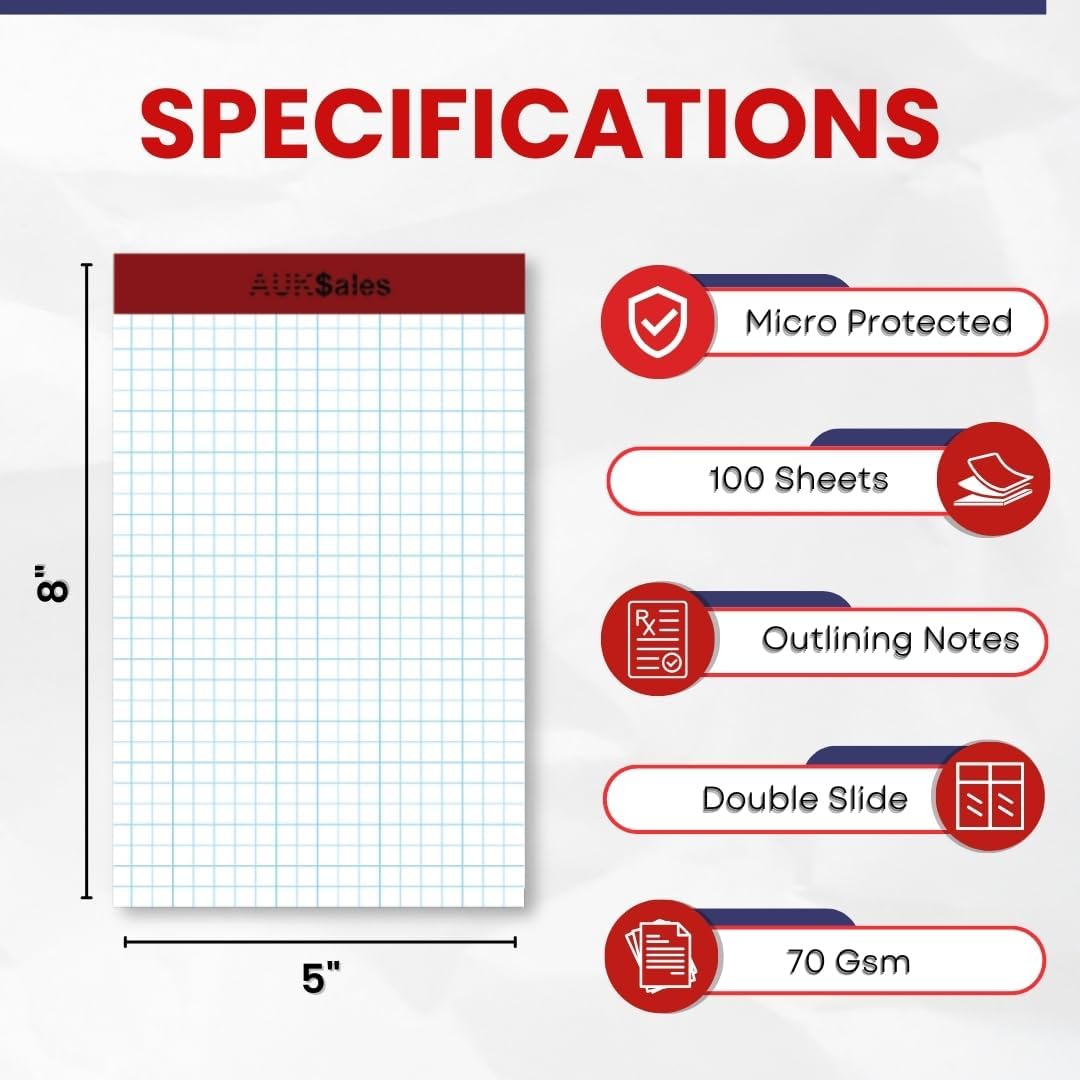 Grid Paper Pad 5x8 Inches, Graph Paper Pad 4x4, Grid Notepad, 24 Pack, 5x8 Graph Paper 1/4 Grid, Graphing Paper, Engineering Pad, 100 Sheets 200 Pages Perforated Pad for School, Home, & Office