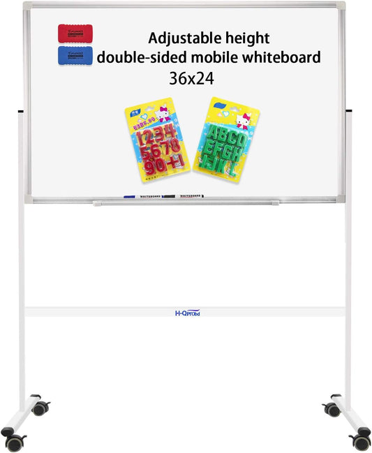 H-Qprobd Mobile Whiteboard 36"x24" Magnetic Dry Erase Board with Stand - Adjustable Height Double Side Rolling White Boards on Wheels for Home, Office & School