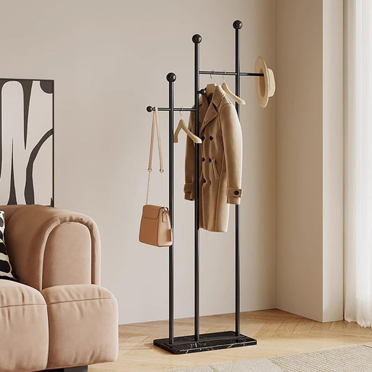 Metal Freestanding Coat Rack with Marble Base Heavy Duty Clothes Rack Coat Tree Stand Hat Rack for Corner Bedroom Entryway Living Room Hotel 19.69 x 11.02 x 68.9 Inches (Black)