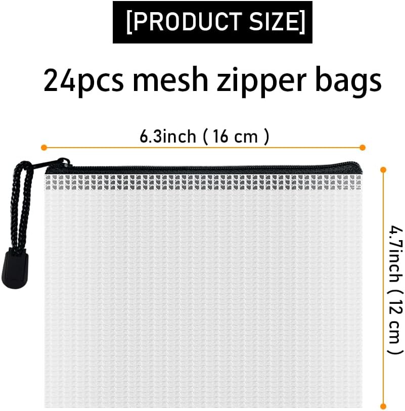 D-KINGCHY 24Pcs Zipper Storage Bags, Plastic Mesh Zippered Pouch for Organization, Waterproof Versatile Bags for Office Supplies School Travel