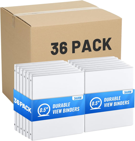 Basic 3 Ring Binder -1 or 1/2'' Binders with Roung Ring Binder, Large 100/200 Sheet Capacity, Fit 8.5" x 11" US Letter Size Paper, 12 Pack White (0.5'' White - 36 Packs)