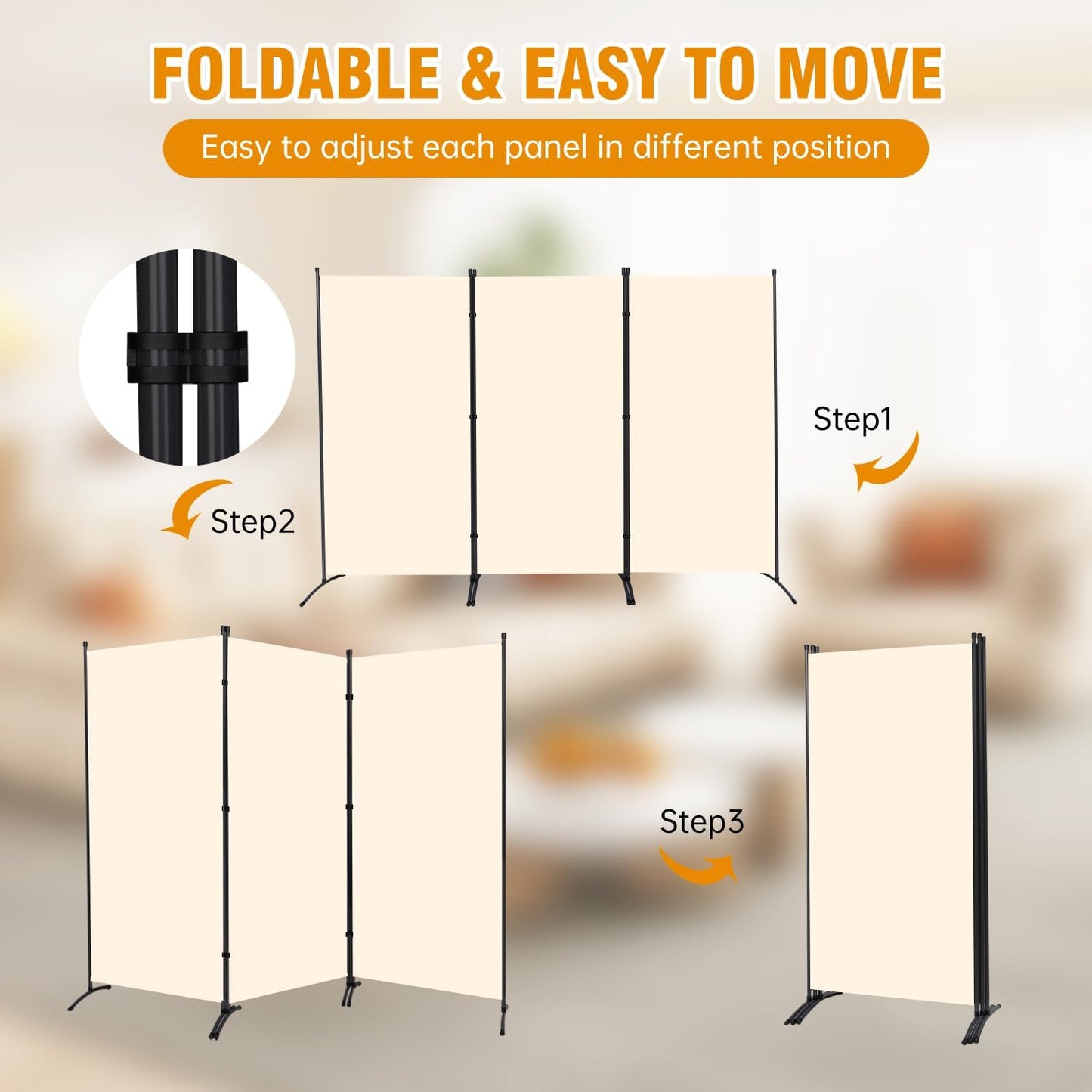 3 Panel Folding Privacy Screens, 6 FT Tall Wall Divider with Metal Frame, Freestanding Room Divider for Office Bedroom Study (3 Panel, Beige)