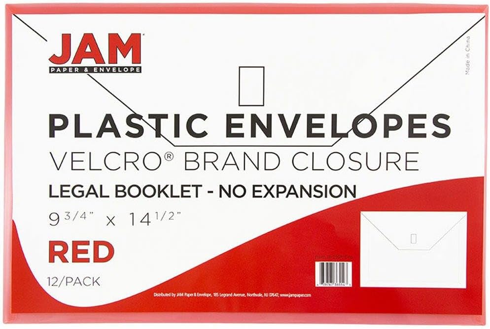 JAM PAPER Plastic Envelopes with Hook & Loop Closure - Legal Booklet - 9 3/4 x 14 1/2 - Red - 3/Pack
