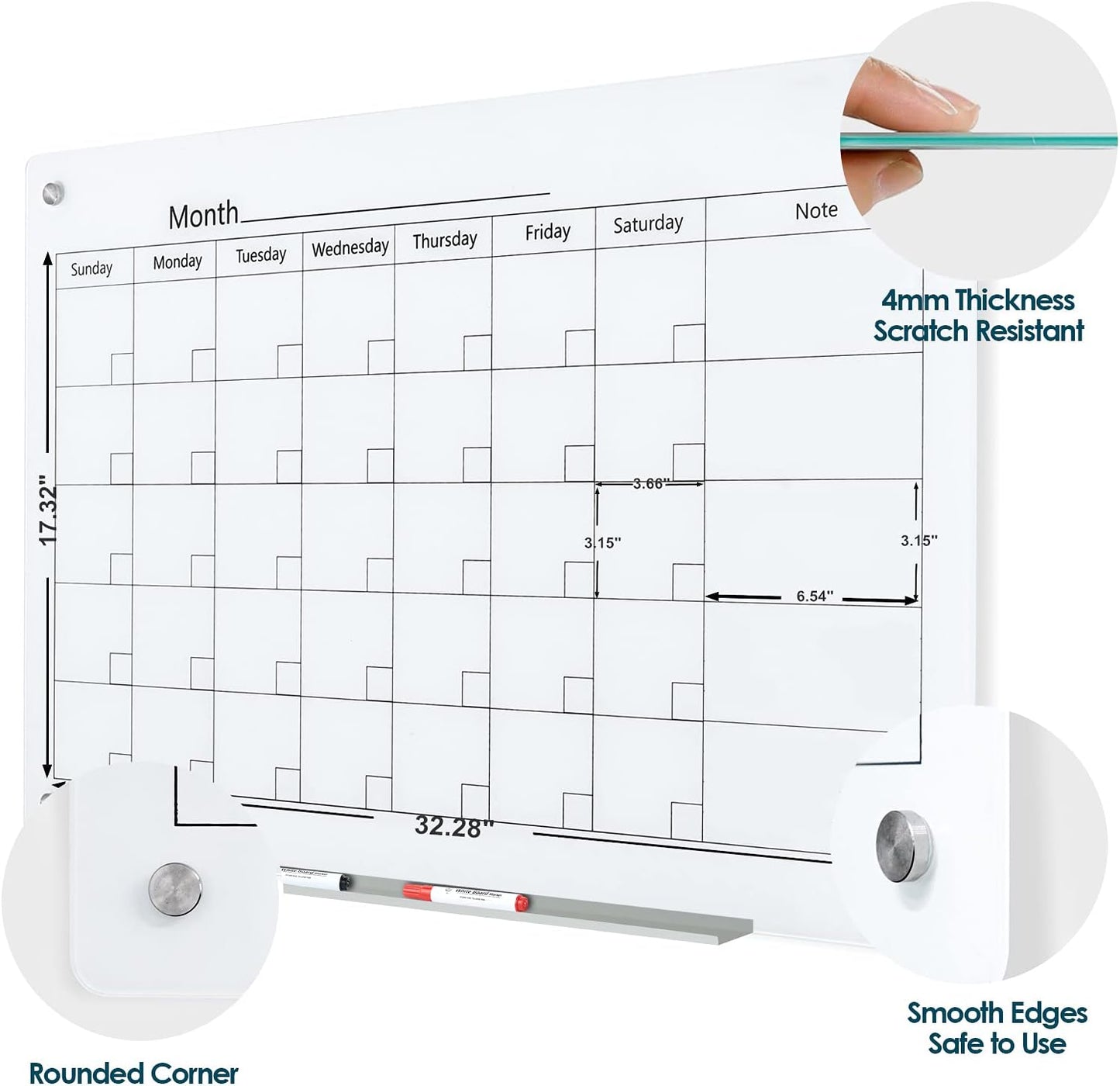 J&J worldwide Magnetic Whiteboard Calendar, 3' x 2' Glass Wall Calendar Dry Erase Board Monthly Planner for Home, School, Office, Frameless, with Markers, Marker Tray, Eraser, Magnets, 35 x 23 Inches