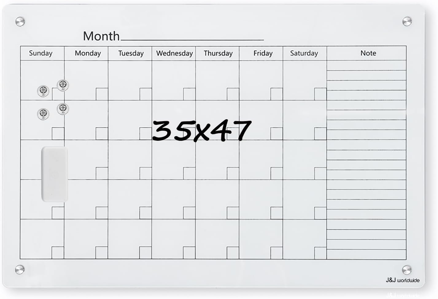 Magnetic Whiteboard Calendar, 4' x 3' Glass Wall Calendar Dry Erase Board Monthly Planner for Home, School, Office, Frameless, with Markers, Marker Tray, Eraser, Magnets