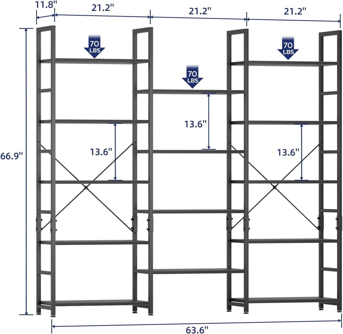 NUMENN Triple 5 Tier Bookshelf, Wide Book Shelf with 14 Open Display Shelves, Modern Tall Bookcase Furniture for Living Room Home Office, Black