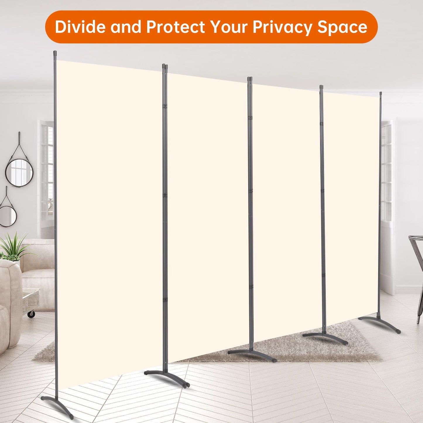 Room Divider 6FT Folding Privacy Screens, Partition Room Dividers w/Freestanding Design, Portable Wall Divider for Room Separtation, Fabric Screen Panel for Home Office Dorm (Beige, 4 Panel)
