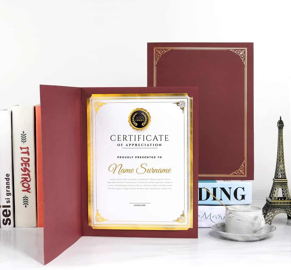 SUNEE Certificate Holders(Burgundy, 30 Packs, New Pattern), Diploma Covers Gold Foil Border, for Letter Size 8.5x11 Certificates, Cardstock, Document Papers