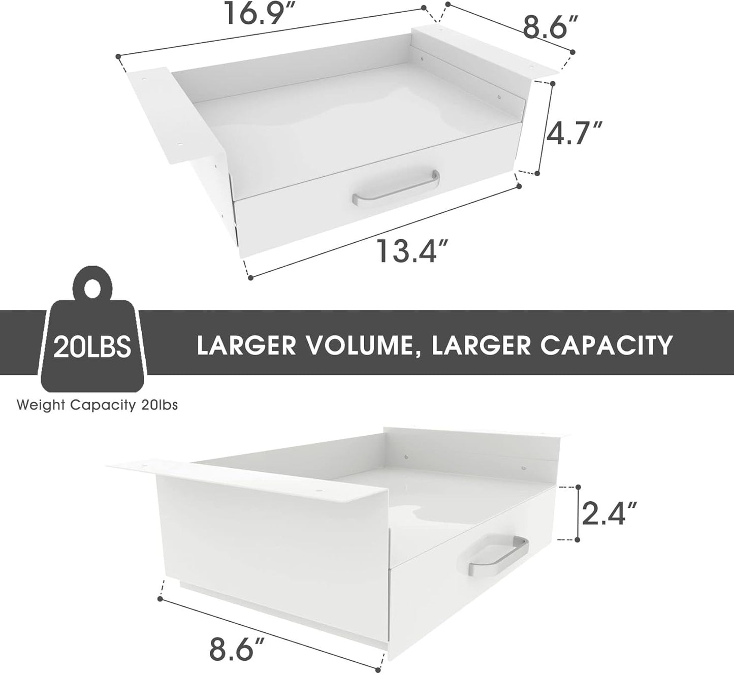 GOME White Under Desk Drawer Storage with Laptop/Book/Folders Shelf, Double Layer Easy Slide-Out Undermount Drawer Organizer with Ball Sliding Track for Home Office Sit-Stand Workstation