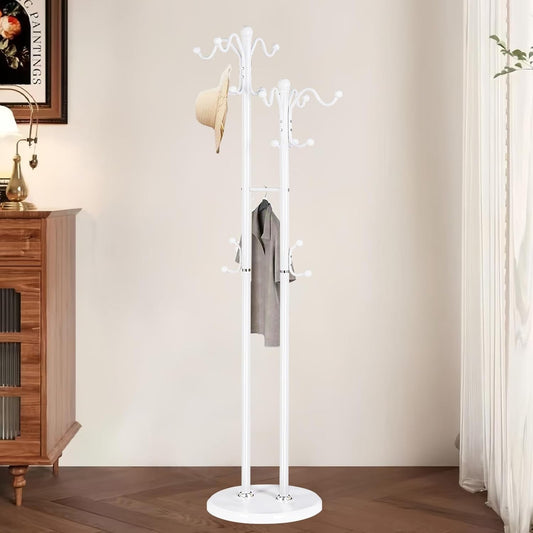 Metal Coat Rack with 17 Hooks, Double-pole Freestanding Coat Racks, Modern Coat Rack Stand and White Standing Coat Tree Holder Stand for Entryway