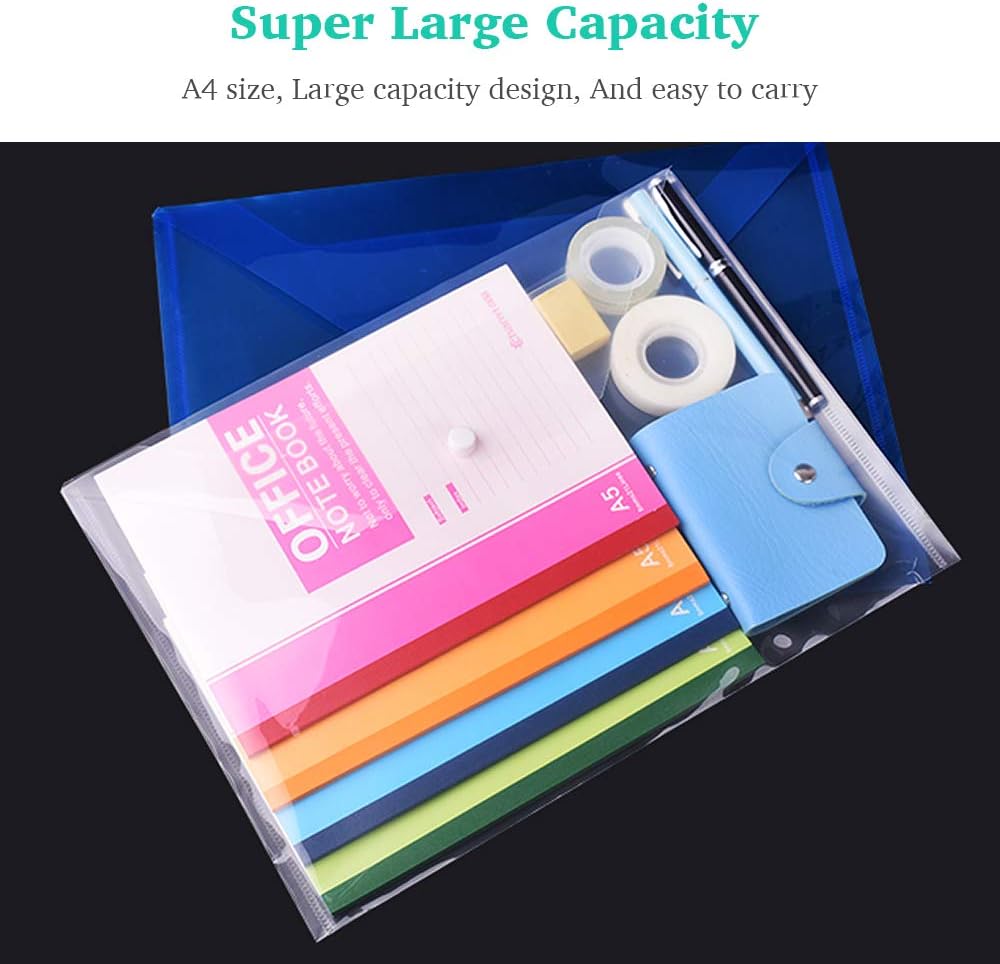 Clear Document Folders Transparent Filing Envelopes Waterproof Plastic Envelopes File Holder Filing Document Poly Envelope with Snap Button Closure for A4 Letter Paper Size (5 Pcs)