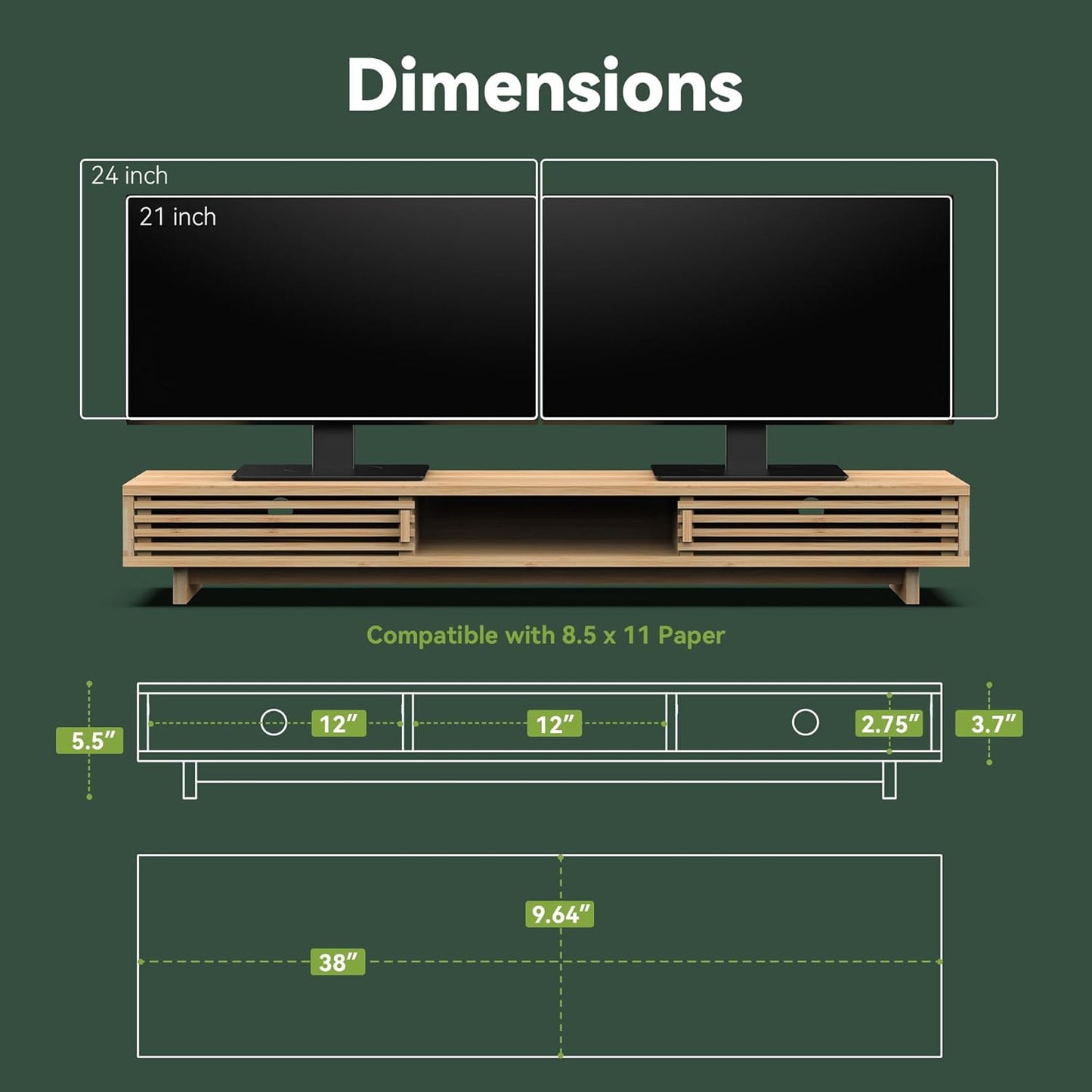 Dual Monitor Stand Riser with Sliding Door, Double Computer Laptop Stand Desk Shelf Organizer with Storage (Natural Bamboo, 38 Inch)