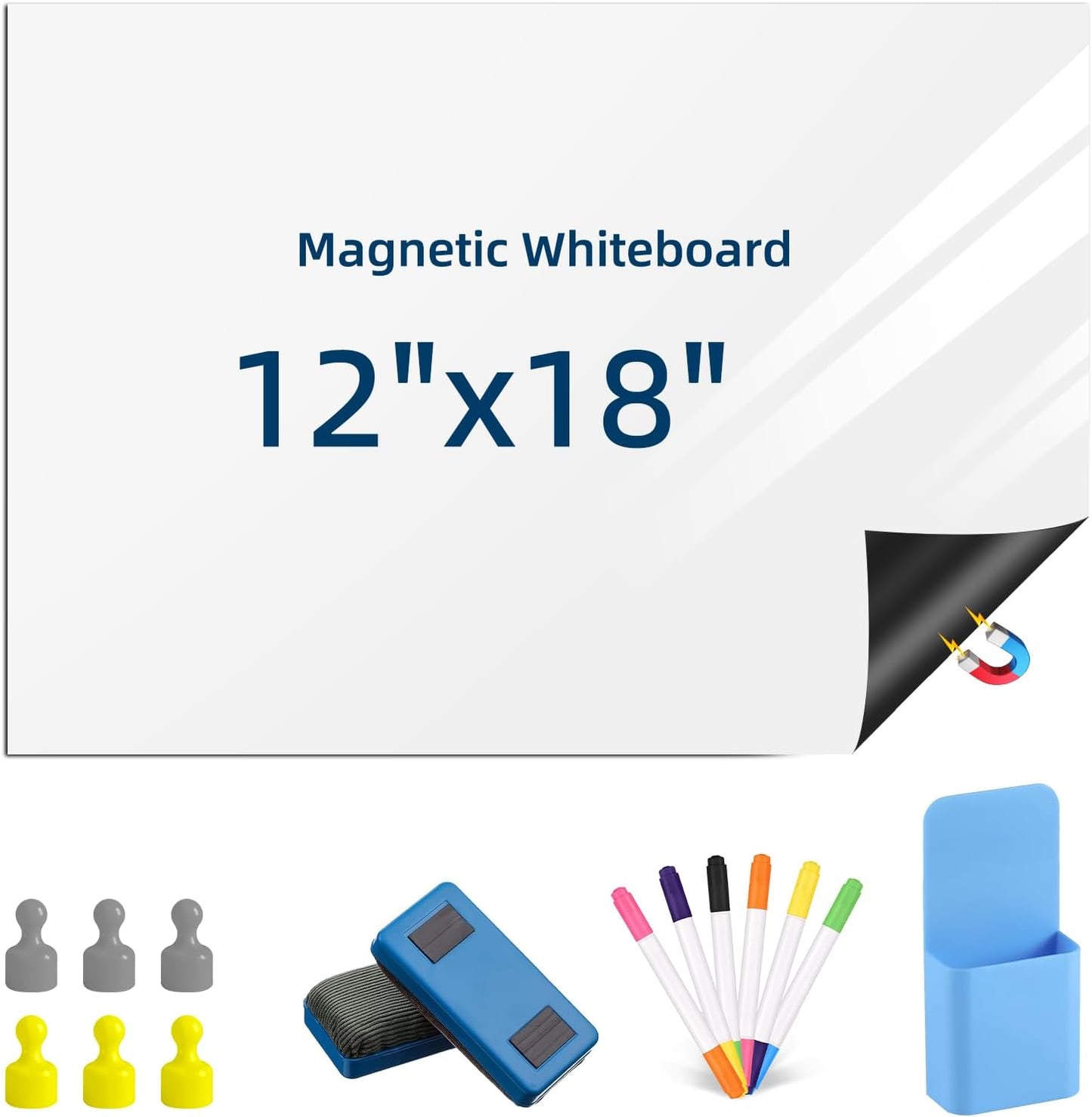 Magnetic Dry Erase Whiteboard for Refrigerators, 12" x 18" White Board on Wall for Organizer and Planner, Kitchen Fridge Shopping List with Marker, Magnetic Eraser and Magnets