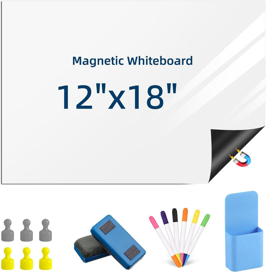 Magnetic Dry Erase Whiteboard for Refrigerators, 12" x 18" White Board on Wall for Organizer and Planner, Kitchen Fridge Shopping List with Marker, Magnetic Eraser and Magnets