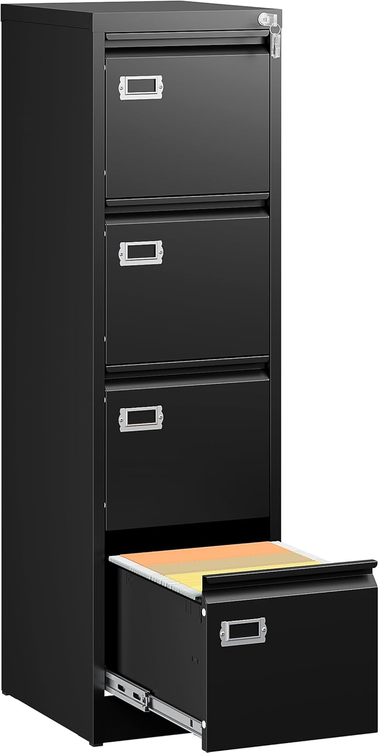 SISESOL 4 Drawer File Cabinet with Lock and Tag,Black Vertical File Cabinet,Narrow Locking Filing Cabinets with Drawers,Metal Filing Storage for Home Office Fit A4 Legal/Letter Size