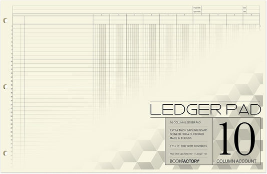 BookFactory Ledger Pad/Large 10 Column Accounting Ledger Columnar (Ten Columns) Pads - 17'' x 11'', 50 Pages, Notepad Landscape Format (PAD-050-CLCPD3(17x11-Ledger-10)-AX)