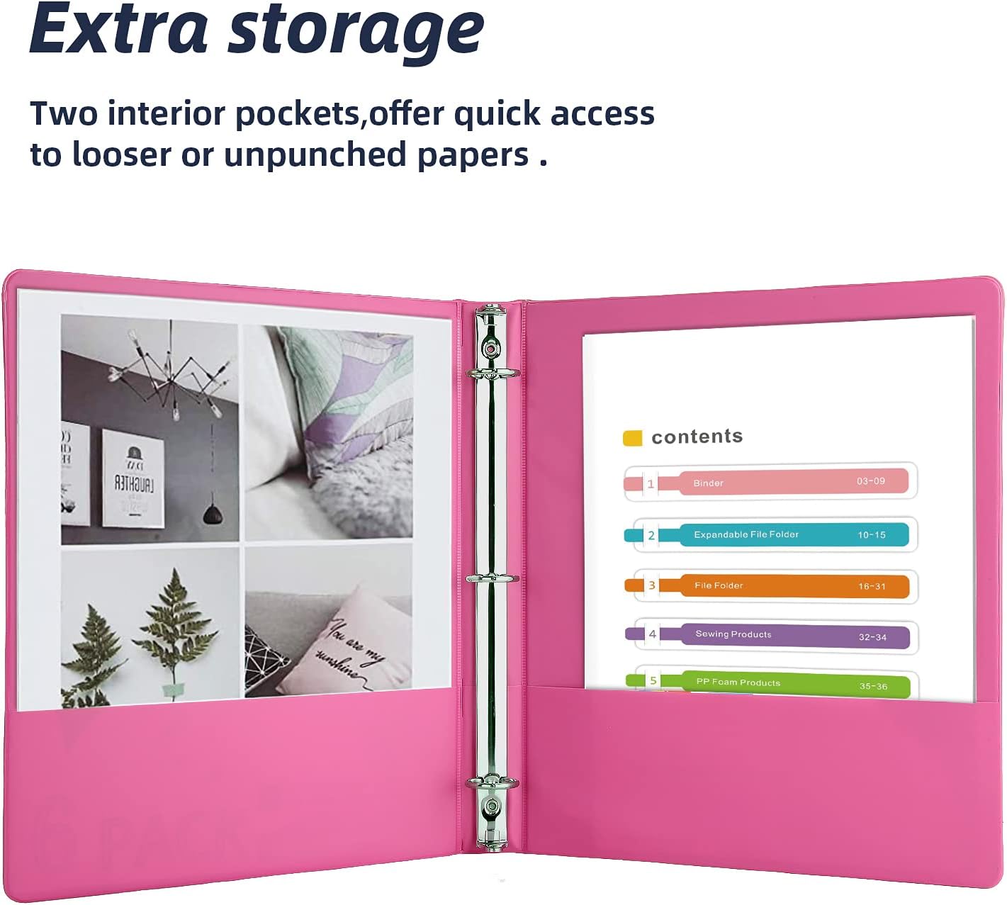 3 Ring Binders,1” Round Ring, Holds 8.5 * 11inch Papers, with 2 Pockets,6 Colors Binder Assorted Pack