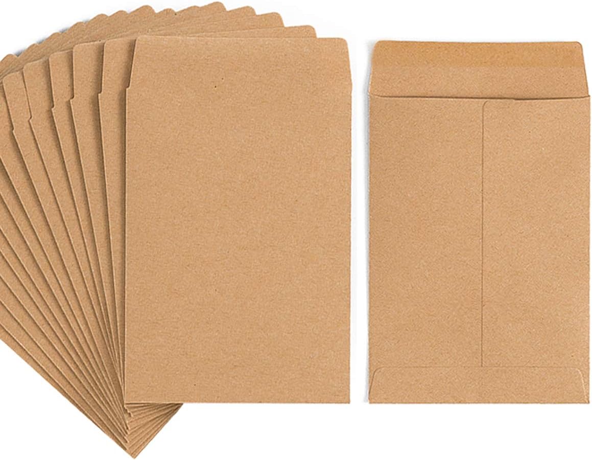 100 Pack Small Coin Envelopes Self-Adhesive Kraft Paper Seed Envelopes Mini Parts Small Items Stamps Storage Packets Envelopes for Garden, Office or Wedding Gift (Brown, 3.23×4.53 inch)