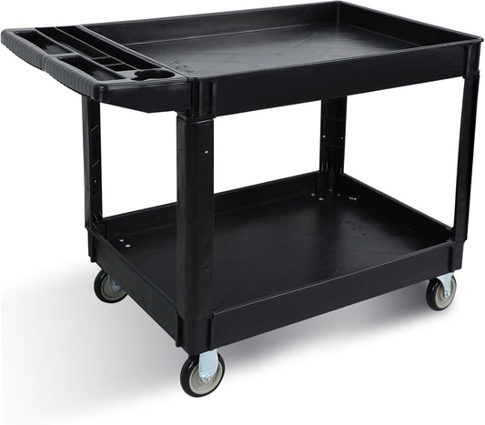 Utility Plastic Tool Cart, 46 x 26-Inch Rolling Service Carts Huge Storage W/Deep 2-Shelf Heavy Duty Cart with Wheels, 1000 lbs Capacity Organizer for Garage, Warehouse, Workshop, Black