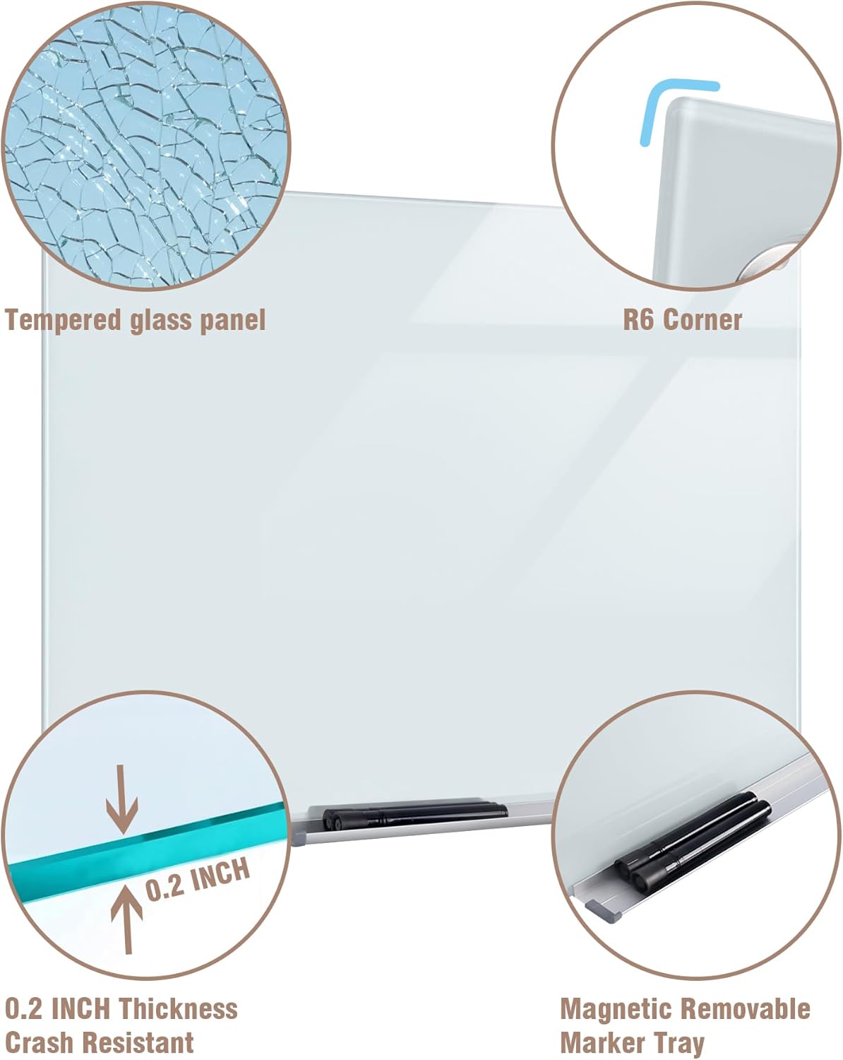 Magnetic Glass Whiteboard，72"x48" Wall Mounted Frameless Dry Erase Board for Office, Home & School White
