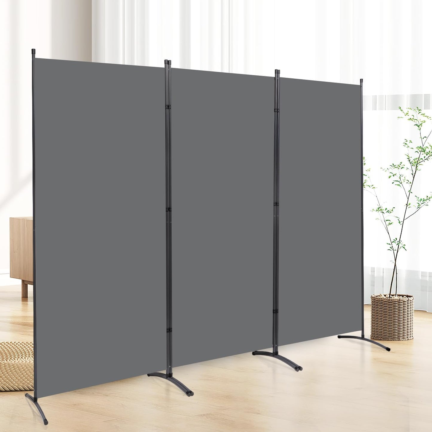 6 FT Tall Room Divider Screen Fabric Wall Divider with Metal Frame, 3 Panel Folding Privacy Screens, Portable Room Divider Panel, Freestanding Room Divider Partition for Office Bedroom Study, Grey