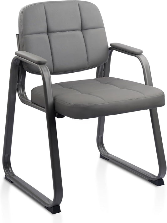 CLATINA Waiting Room Guest Chair with Bonded Leather Padded Arm Rest for Office Reception and Conference Desk Black with Sled Base Grey 1Pack