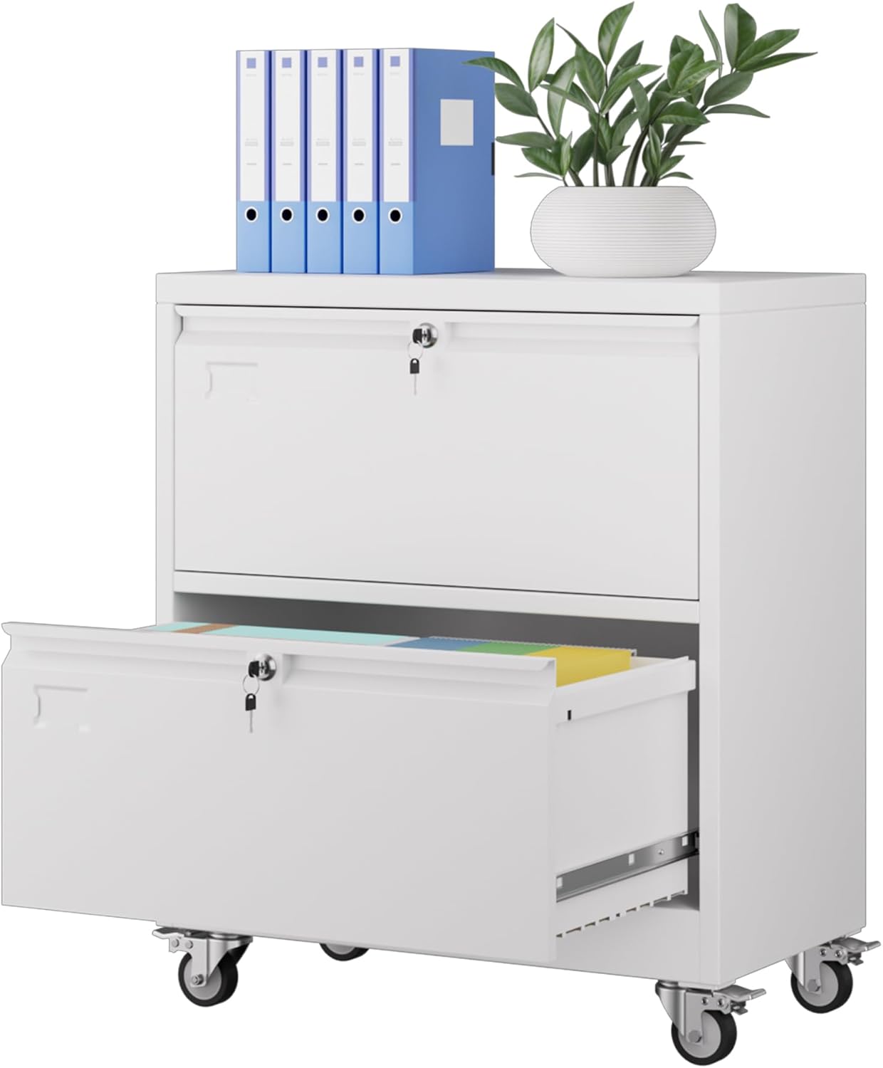 METAN Upgrade 2 Drawers Lateral File Cabinet on Wheels,Steel Office Filing Storage Cabinet with 2 Locks,Assembly Required,White