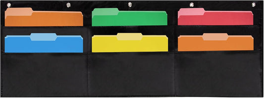Essex Wares - 6 Pocket Horizontal File Hanging Paper Organizer for Letter Documents, Black, 42" Wide x 15.5" - Hanging Pocket File Organizer - Black Pocket Chart for Classroom & Office - 6 Pockets
